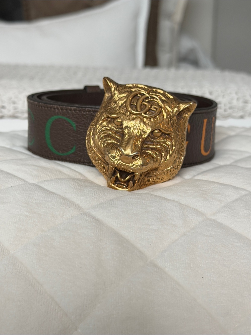 Gucci Brown Leather Belt with Gold Tiger Head Buckle and Color Lettering